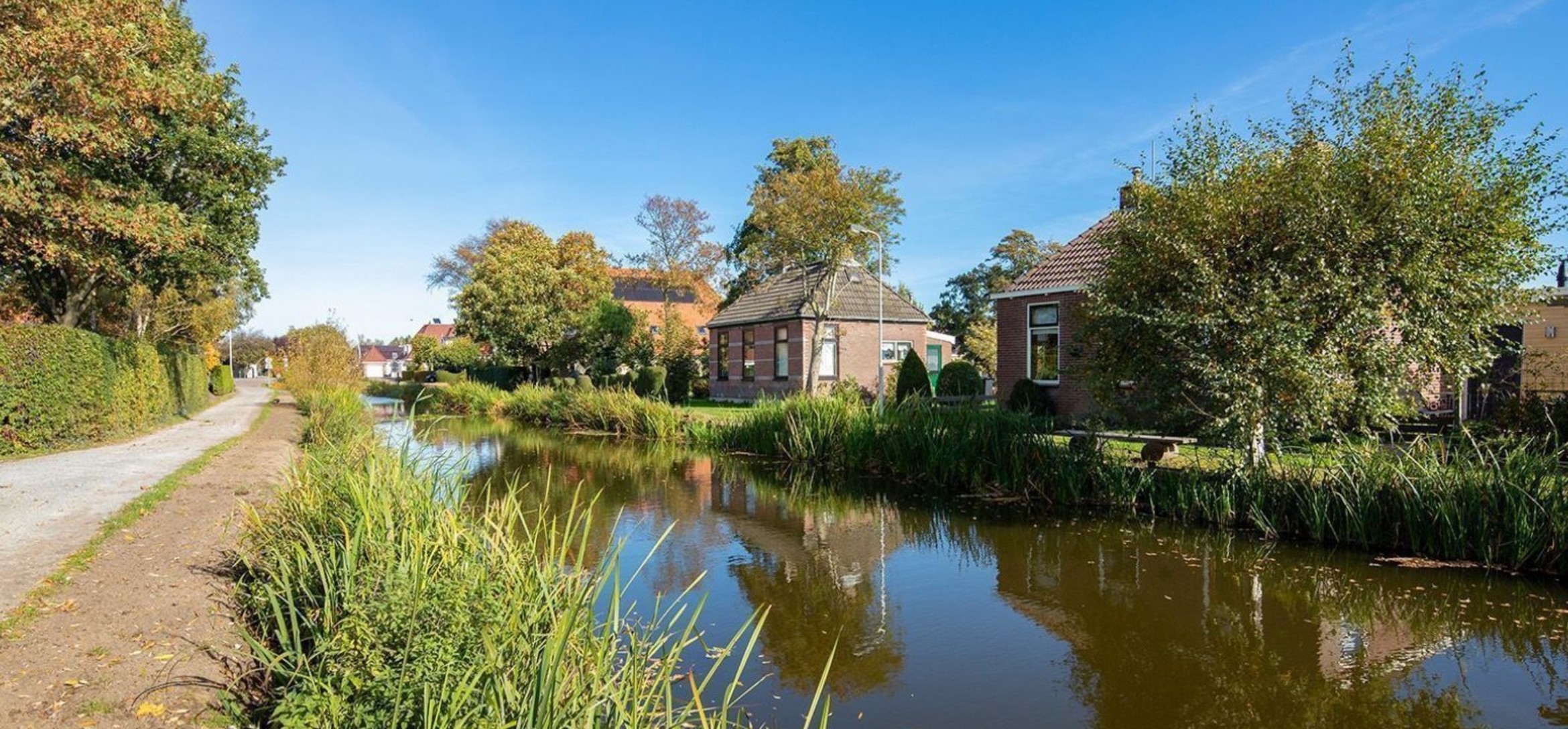 Foto van een vaart met links ervan een smalle weg en rechts ervan een huizenrij met bomen