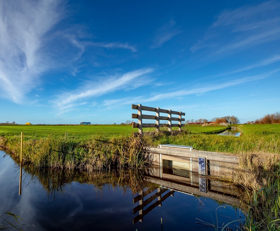 Foto van een sloot met peilmeting, een weiland met een hek en in de achtergrond een weg en huizen