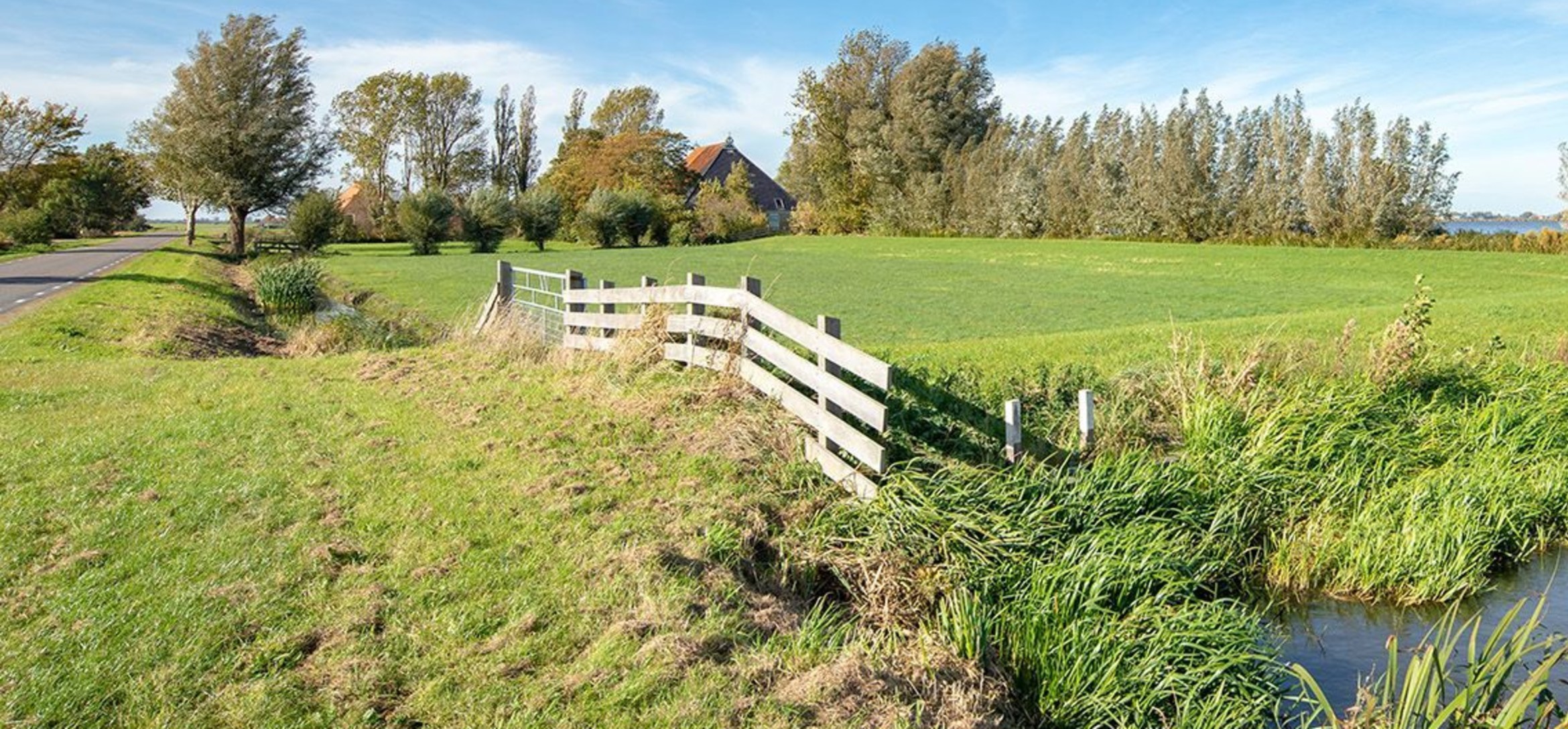 Landschap met links een weg, in de achtergrond een boerderij, daarvoor weiland met een hek en rechts op de foto boezemwater