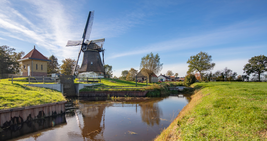 Foto van sloot met pompebleden en bord met de tekst laagveenreservaat de deelen