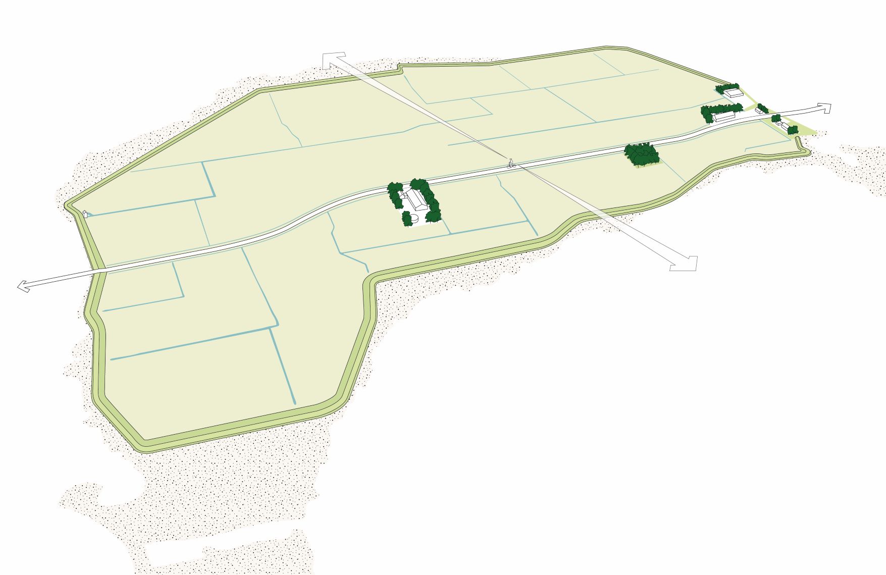 Illustratie van een landschap met weilanden en hier en daar erfbeplanting en solitaire bosjes
