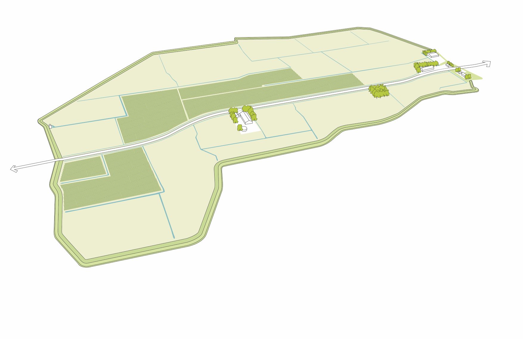 Illustratie met weergave van landschap met onderwaterdrainage in lage, natte delen voor agrarisch gebruik