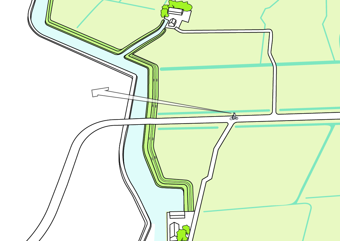Illustratie van landschap met een lage compacte kade langs boezemwater