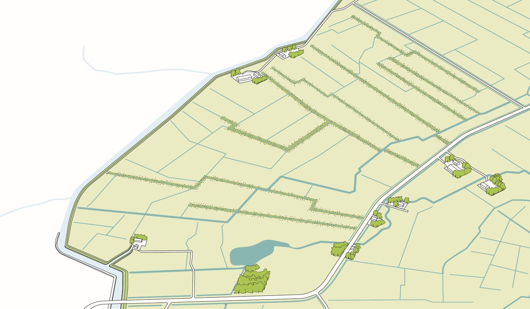 Illustratie van landschap met sloten met flauw hellende oevers