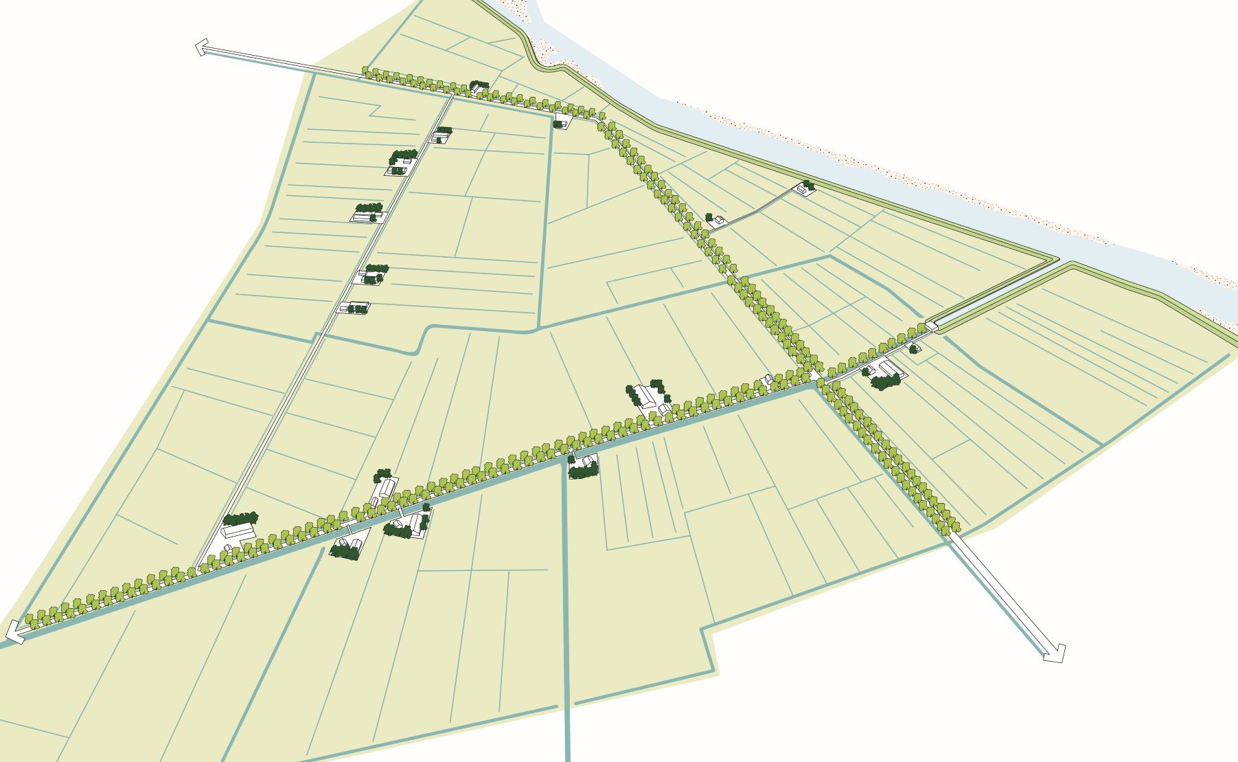 Illustratie van landschap met laanbeplanting langs wegen