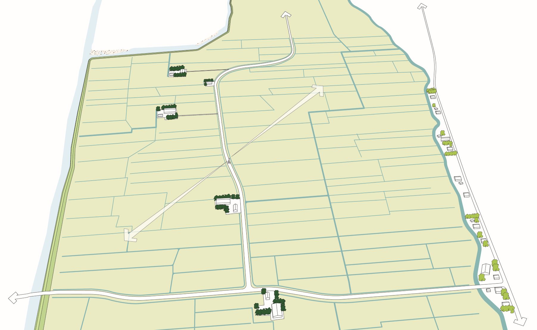 Illustratie van een open veenweidelandschap met alleen beplanting op erven