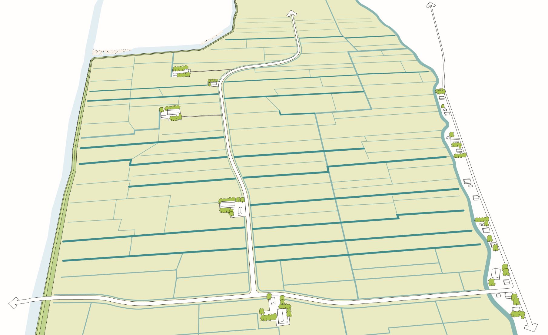 Illustratie van landschap met sloten die door een hoger slootpeil en lage slootkanten meer zichtbaar zijn